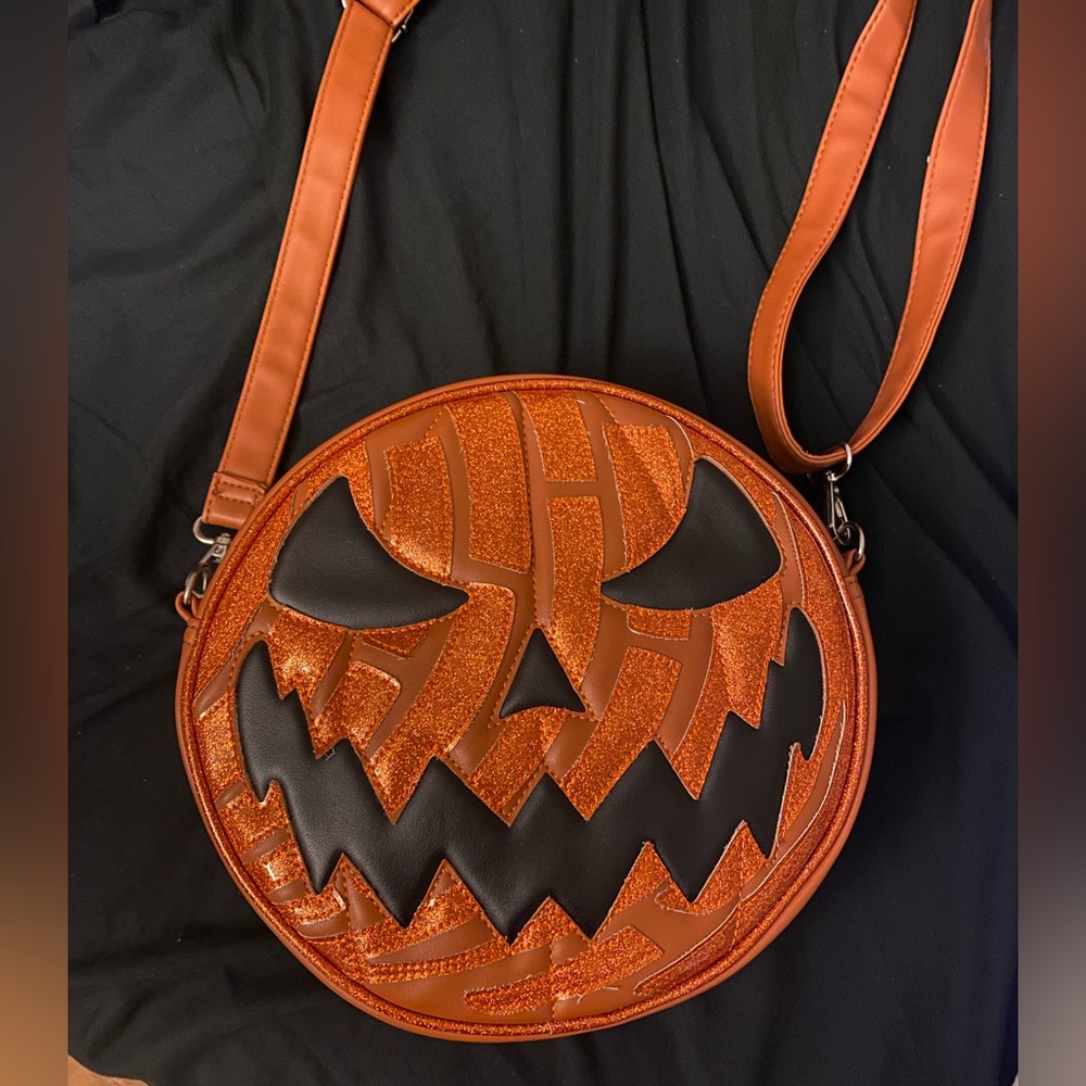 Love pain and stitches orange glitter pumpkin crossbody purse